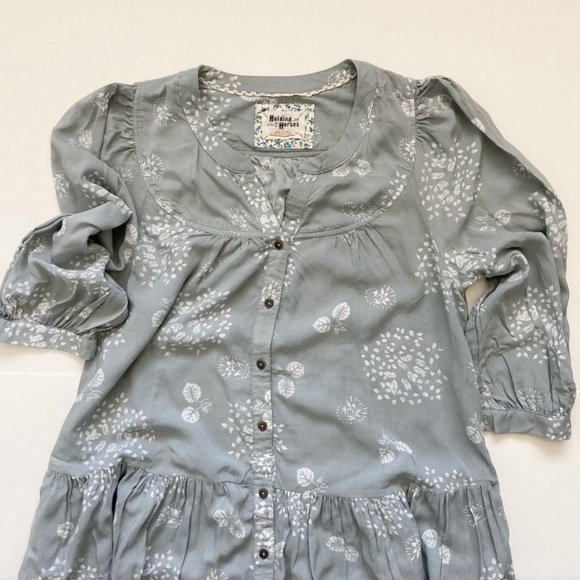 Anthropologie Holding Horses grey floral button up 3/4 sleeve boho tunic dress - Picture 3 of 9